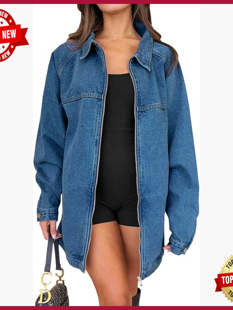 Oversized Denim Jacket Long Sleeve Zip Up Distressed Boyfriend Style